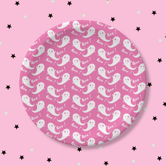 Assiettes En Carton Plaque de papier rose Motif éffrayant Ghost (Spooky Cute Ghost Pattern Pink Halloween Paper Plate .)
