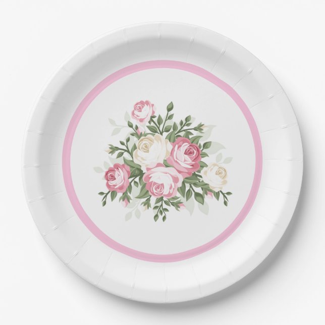 Assiettes En Carton Plaque de papier rose Roses (Devant)