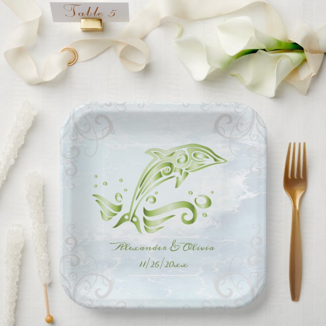 Assiettes En Carton Plaque de papier Wedding shower Dolphin vert (Mariage)