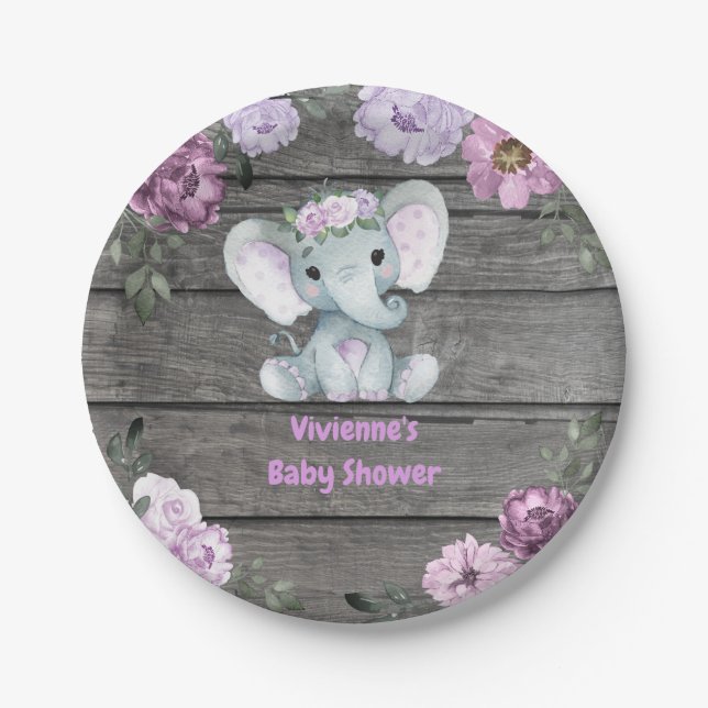 Assiettes En Carton Plaque d'éléphant violet 4 Baby shower, Anniversai (Devant)