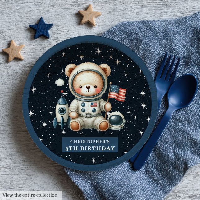 Assiettes En Carton Plaque d'ours personnalisée pour bébé garçon douch (Custom Space Bear Plate for Baby Boy Shower)
