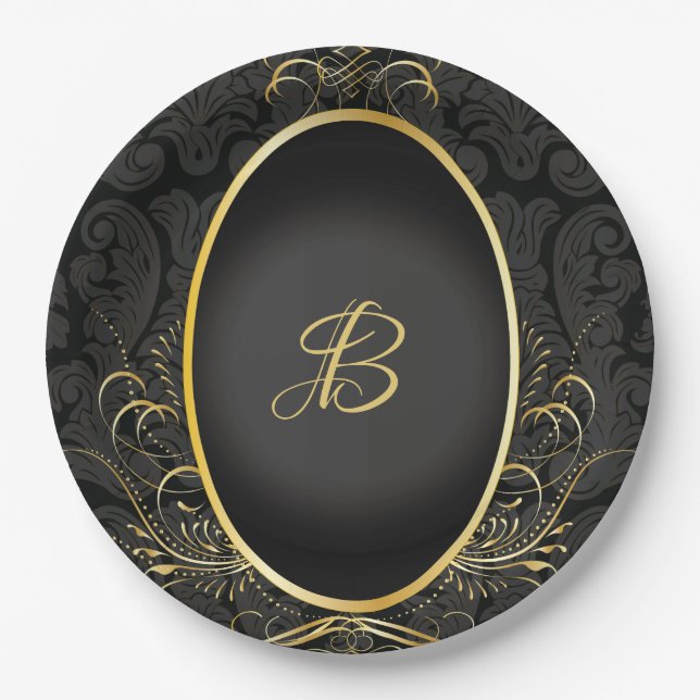Assiettes En Carton Plaque en or noir Monogram Classic Royal Style (Devant)