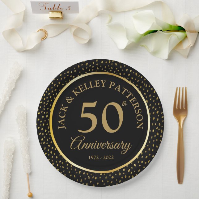 Assiettes En Carton Plaque en papier 50e anniversaire Black & Gold (Mariage)