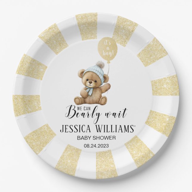 Assiettes En Carton Plaque en papier baby shower de ballons bleu or (Devant)