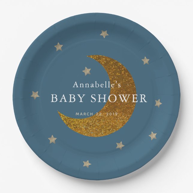 Assiettes En Carton Plaque en papier Baby shower Gold Stars & Moon (Devant)
