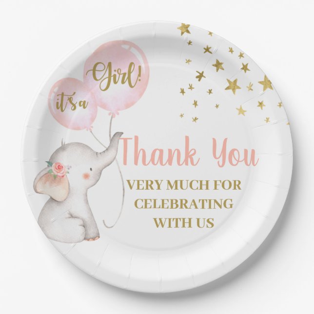 Assiettes En Carton Plaque en papier baby shower rose éléphant (Devant)