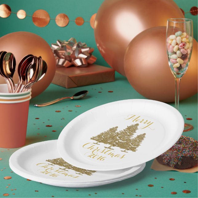 Assiettes En Carton Plaque en papier d'Arbres de Noël d'or (Multi)