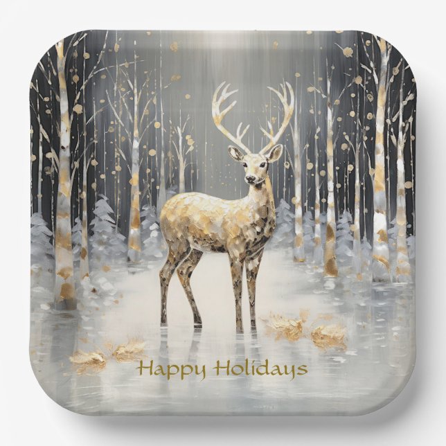 Assiettes En Carton Plaque en papier de Noël Or Reindeer (Recto)