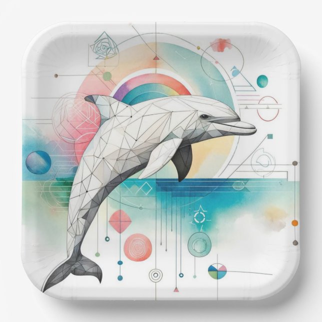 Assiettes En Carton Plaque en papier Dolphin Art géométrique - Carré d (Recto)
