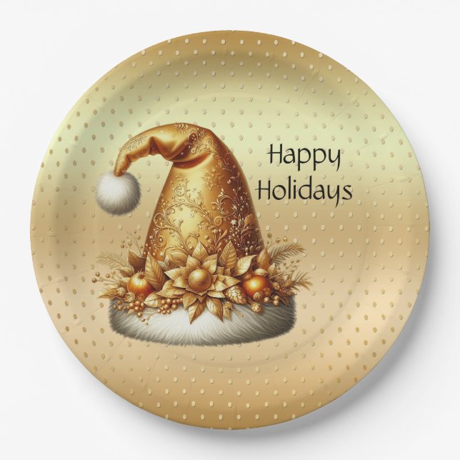 Assiettes En Carton Plaque en papier Gold Santa Hat Holiday (Devant)