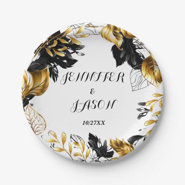 Assiettes En Carton Plaque en papier personnalisée Feuille or et noire (Devant)