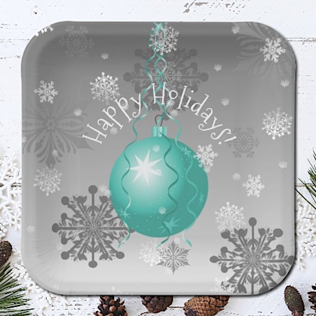 Assiettes En Carton Plaque en papier pour ornement de Noël turquoise (Teal Fancy Christmas Ornament Paper Plates)