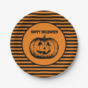 Assiettes En Carton Plaque en papier rayé Citrouille Jack-o-lanterne