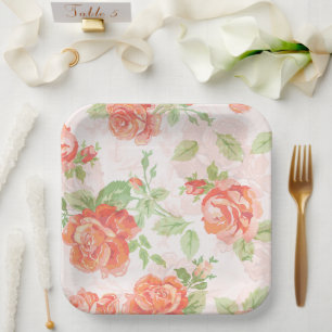 Assiettes En Carton Plaque en papier rose à fleurs orange