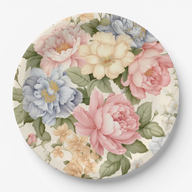 Assiettes En Carton Plaque en papier rose bleu jaune Fleurs (Devant)