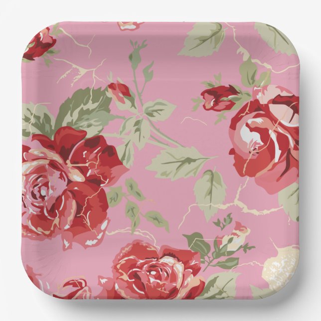 Assiettes En Carton Plaque en papier rose rouge cerise en fleur (Recto)