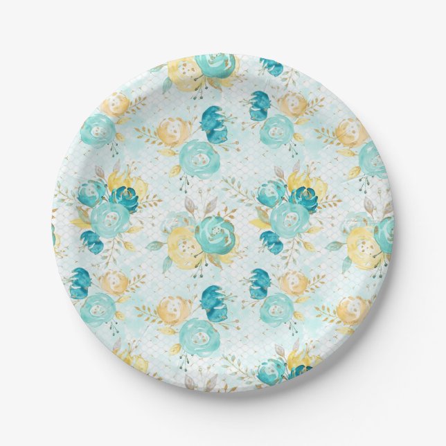 Assiettes En Carton Plaque en papier rose turquoise et jaune (Devant)