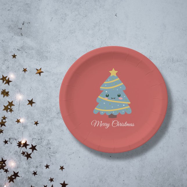 Assiettes En Carton Plaque en papier rouge avec arbre de Noël Kawaii (Red Paper Plate with Kawaii Christmas Tree)