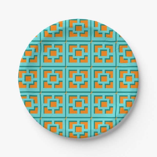 Assiettes En Carton Plaque en papier Turquoise et Orange Trellis (Devant)