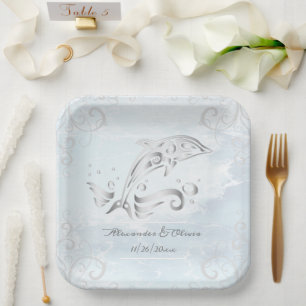 Assiettes En Carton Plaque en papier Wedding shower Dolphin Argent