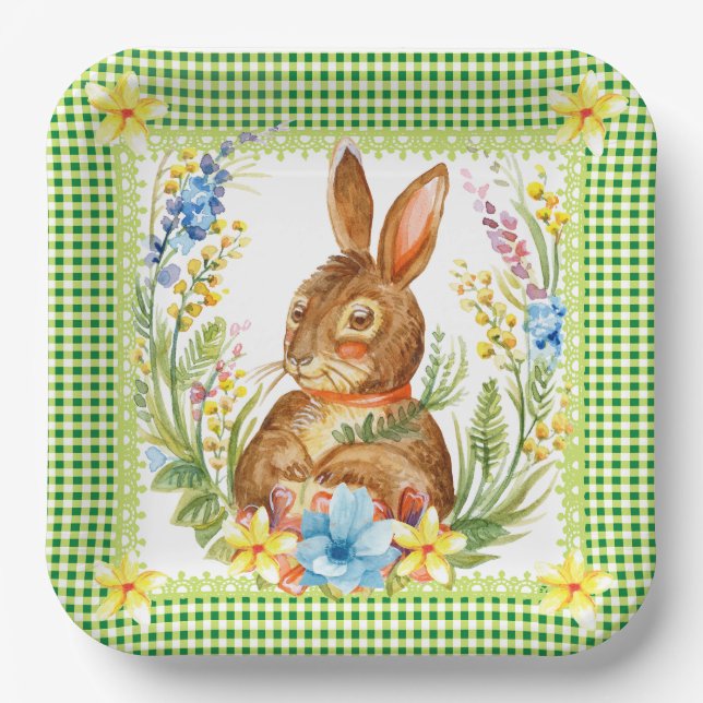 Assiettes En Carton Plaque En vichy Bunny vert printemps (Recto)