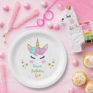 Assiettes En Carton Plaque fille fête d'anniversaire avec licorne et n