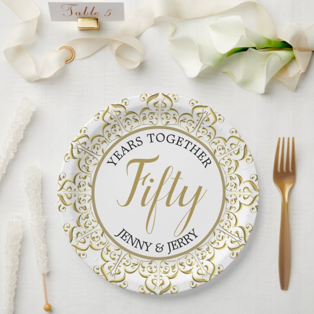 Assiettes En Carton Plaque papier Anniversaire Gold et White classique (Mariage)