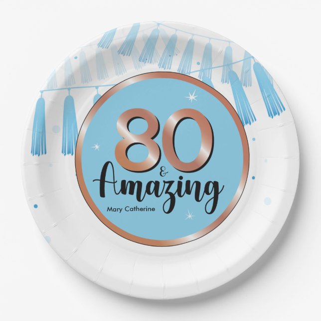 Assiettes En Carton Plaque papier bleu 80e anniversaire de fête (Devant)