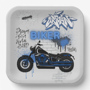Assiettes En Carton Plaque papier bleu et gris moto