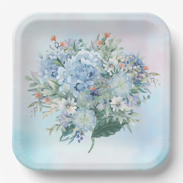 Assiettes En Carton Plaque papier bleu Hydrangea Watercolor (Recto)
