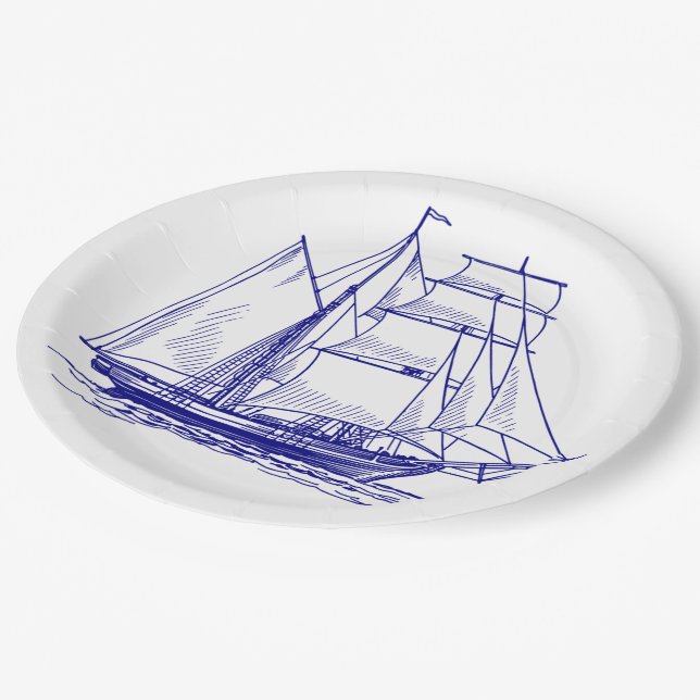 Assiettes En Carton Plaque papier Bleu voilier bateau nautique (Angle)