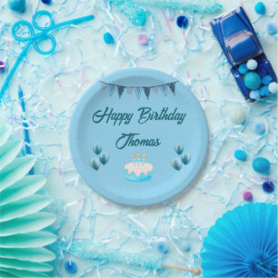 Assiettes En Carton Plaque papier d'anniversaire bleu personnalisé