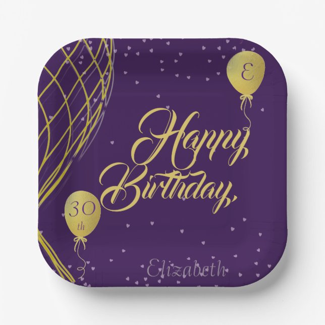 Assiettes En Carton Plaque papier d'anniversaire violet et or heureux (Recto)