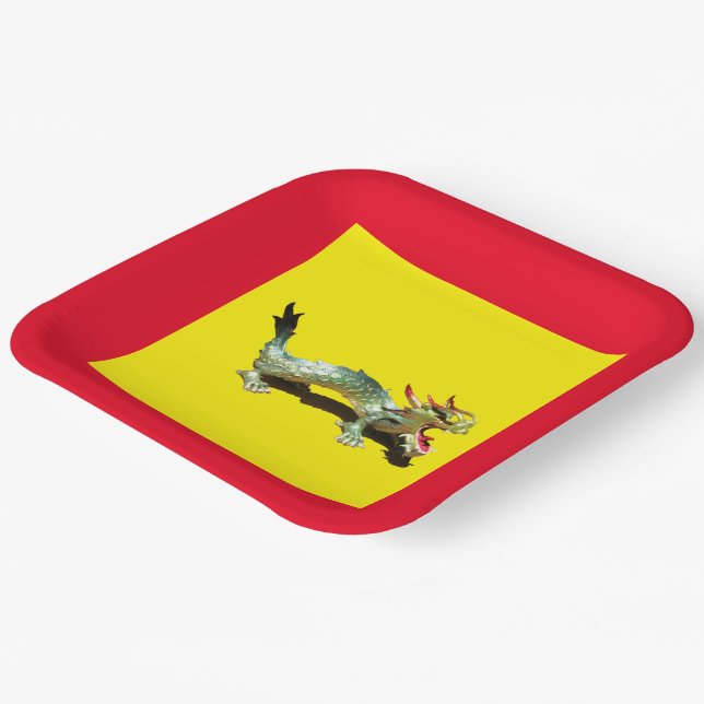 Assiettes En Carton Plaque papier - Dragon et bordure rouge (Angulaire)