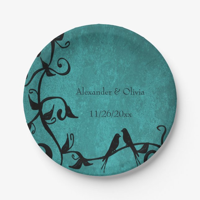 Assiettes En Carton Plaque papier Mariage Lovebirds turquoise (Devant)