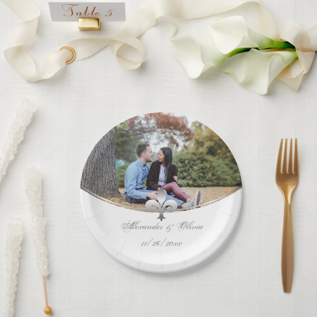 Assiettes En Carton Plaque papier Mariage Silver Fleur de Lis (Mariage)