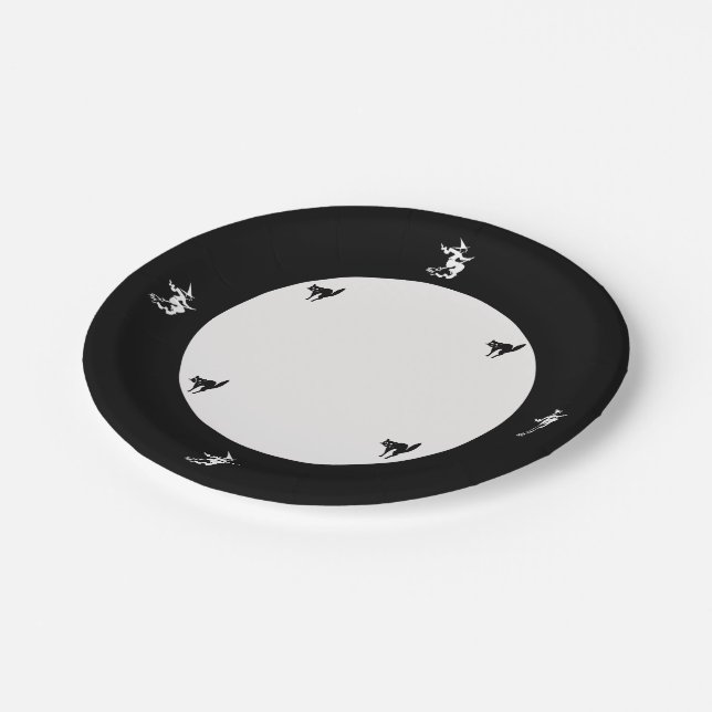 Assiettes En Carton Plaque papier - Sorcière volante et chat noir (Angle)