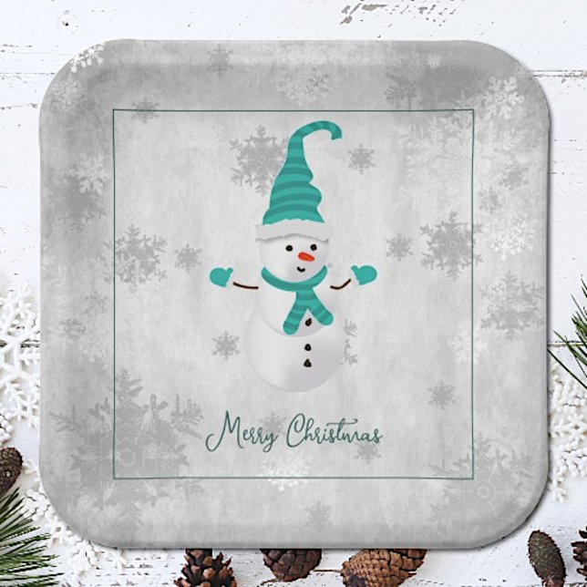 Assiettes En Carton Plaque turquoise en papier Snowman (Teal Cute Snowman Christmas Paper Plates)
