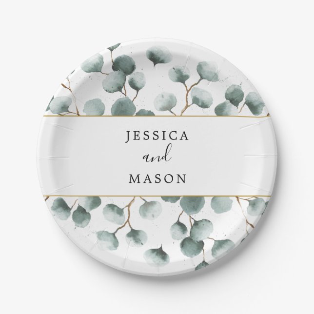 Assiettes En Carton Plaque Wedding shower Eucalyptus Green (Devant)