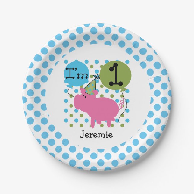 Assiettes En Carton Plaques à papier anniversaire bleu de porc (Devant)