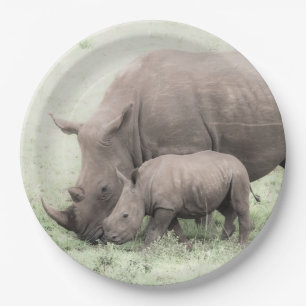 Assiettes En Carton Plaques à papier blanches de rhinocéros et de bébé