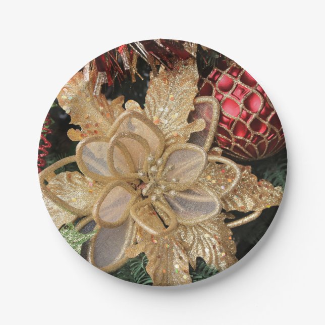 Assiettes En Carton Plaques à papier de Noël de poinsettia d'or (Devant)