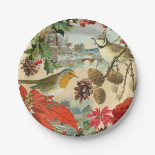 Assiettes En Carton Plaques à papier de Noël vintage avec les oiseau