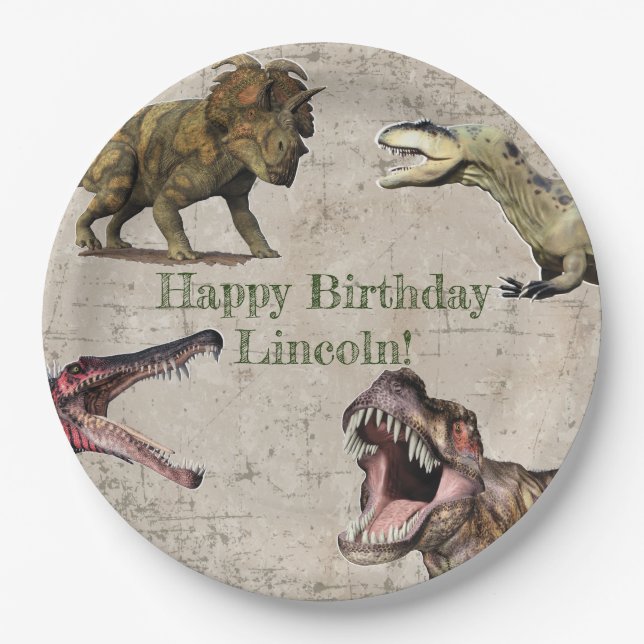 Assiettes En Carton Plaques d'anniversaire de dinosaures personnalisée (Devant)