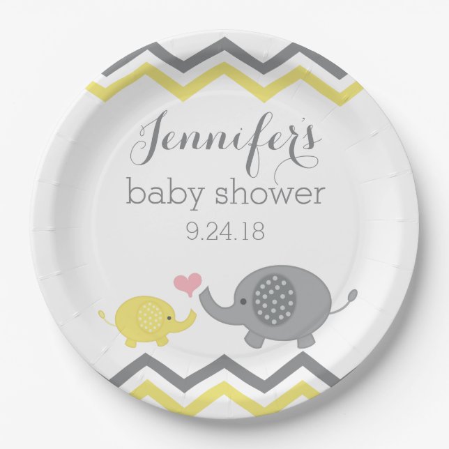 Assiettes En Carton Plaques de Baby shower éléphant | Chevron gris jau (Devant)