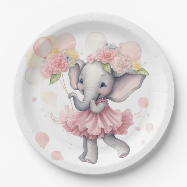Assiettes En Carton Plaques de Baby shower pour bébé fille éléphant (Devant)