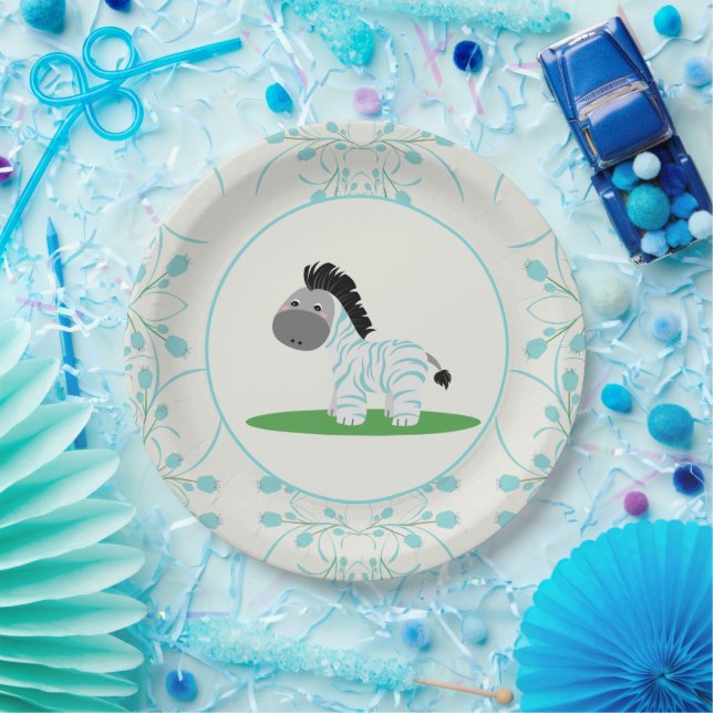 Assiettes En Carton Plaques de Baby shower Zebra Bleu (Fête)