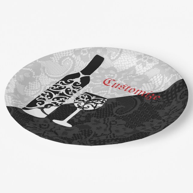 Assiettes En Carton Plaques de bouteilles en dentelle noire et blanche (Angle)