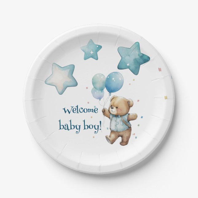 Assiettes En Carton Plaques de douche pour bébé bleu Teddy Bear (Devant)