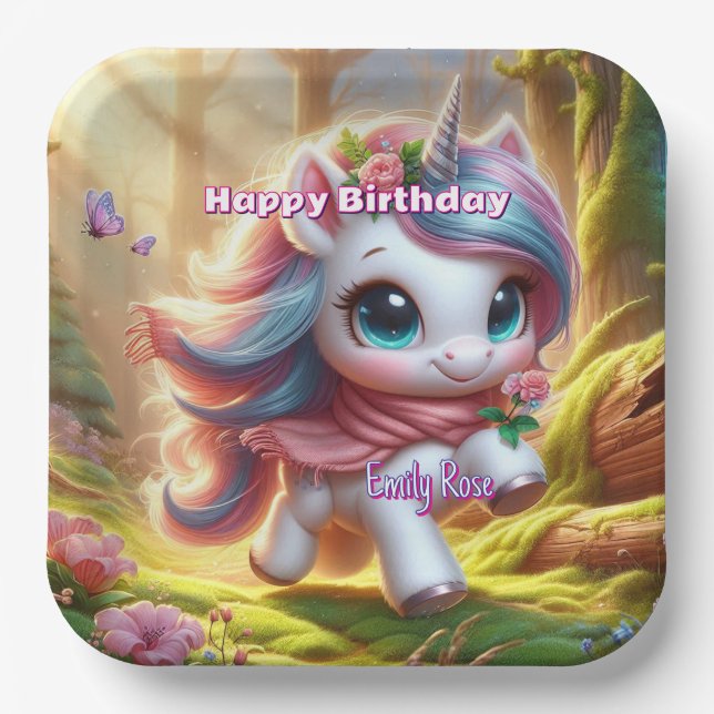 Assiettes En Carton Plaques de fête d'anniversaire Unicorn personnalis (Recto)